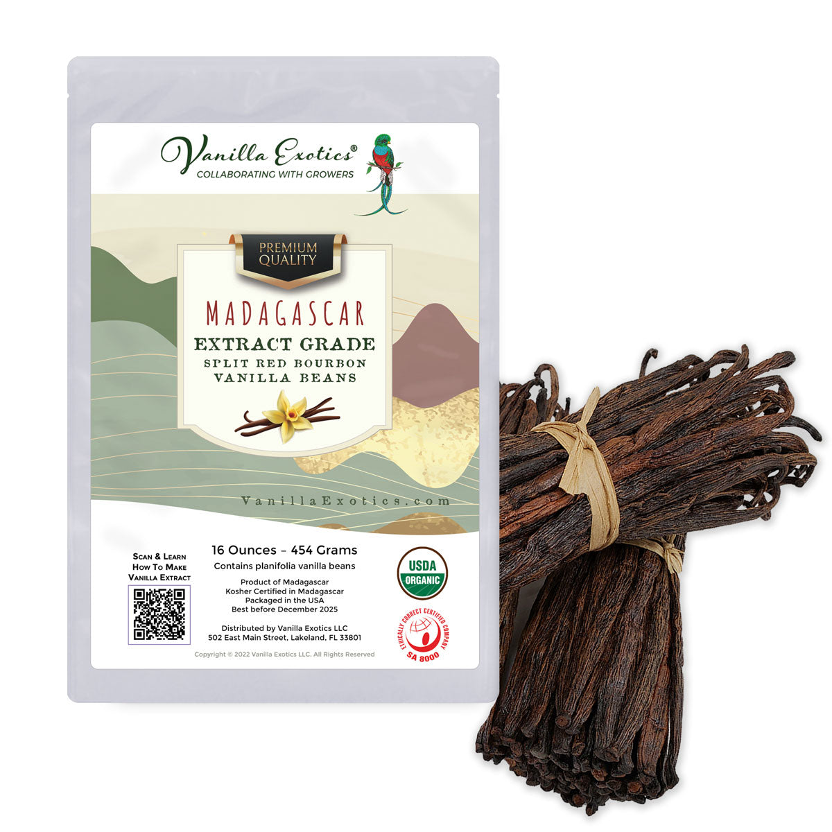 Extract Grade PREMIUM Madagascar Bourbon Red Split Vanilla Beans (Late Harvest), Planifolia — USDA Certified Organic — 1 Pound